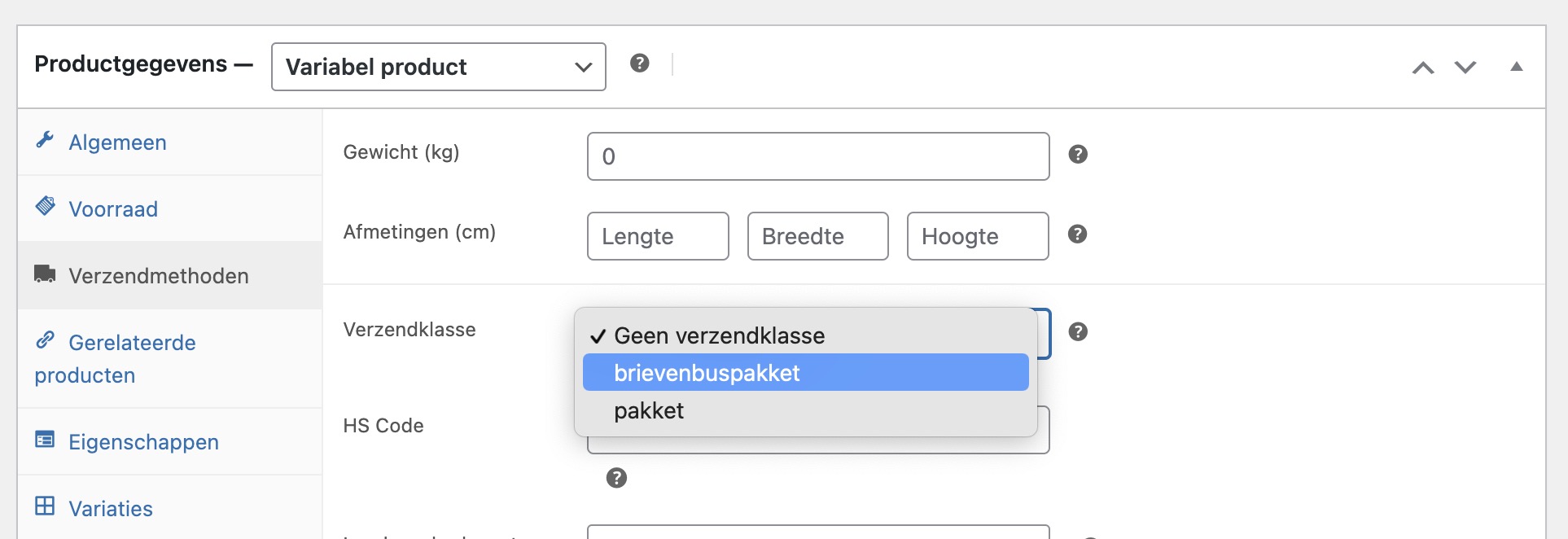 WooCommerce productniveau verzendmethode selecteer brievenbus